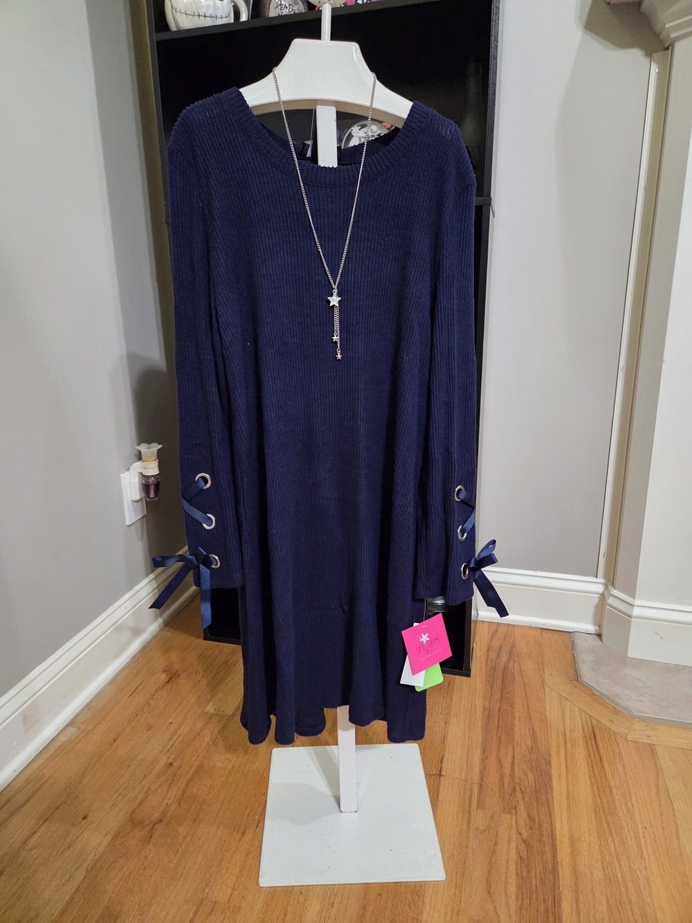 Girls Navy Ribbed Knit Dress with Sleeve Ribbon Detail